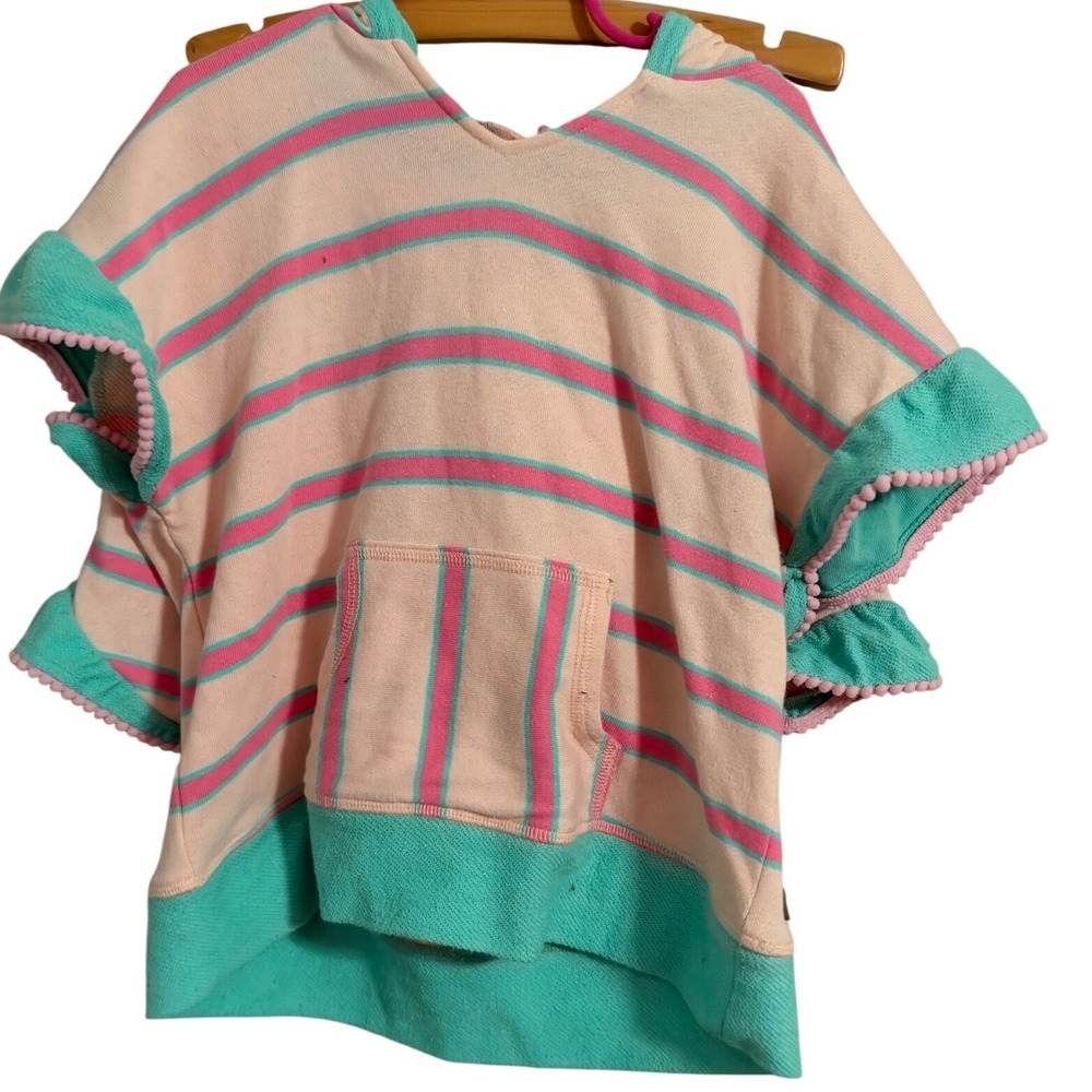 Matilda Jane Coverup Set Kids Size 10 Pink Teal Striped Ruffle Pom Pom 2pc